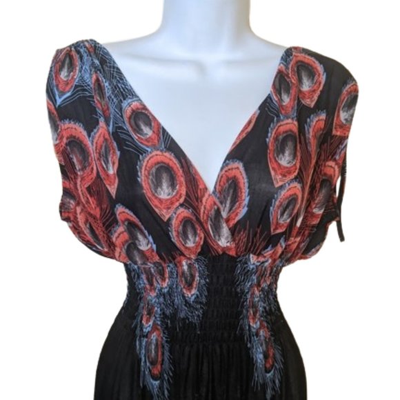 PEACOCK FEATHER Print Theme Maxi Dress Size XXL Fits Large - Picture 2 of 4